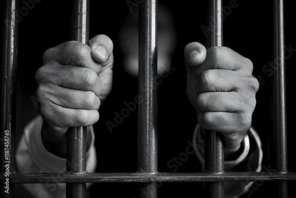 Obraz Hands gripping bars symbolize confinement, longing, or hope in black and white