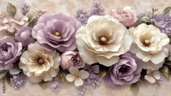 Fototapeta Pastel floral arrangement on textured background for wallpaper.