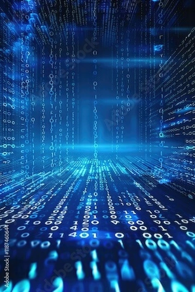 Fototapeta Abstract neon blue cyber binary flowing background