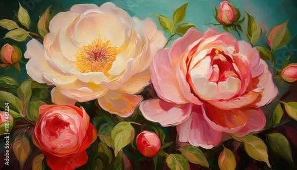 Fototapeta Vibrant Cluster of PeonyShaped Roses Oil Painting A Bouquet of Rich Hues and Textures Evoking the Graceful Allure of Peonies in Full Bloom, Set Against a Subtle Backdrop
