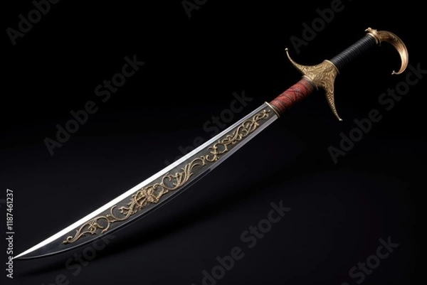 Fototapeta Ancient Scimitar - Antique Islamic Sword with Curved Blade for Arabian Battle, on Asia Background