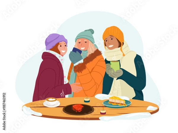 Fototapeta winter_16Three girlfriends drinking coffee, eating dessert and chatting outside in a cafe on a winter day, in snowy weather.