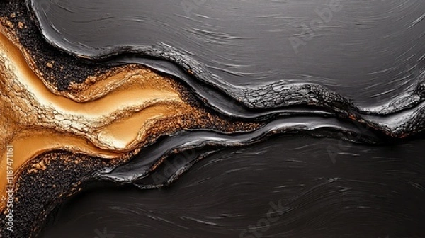 Obraz Abstract art featuring dramatic black and gold paint textures.  A captivating contrast of dark and light.