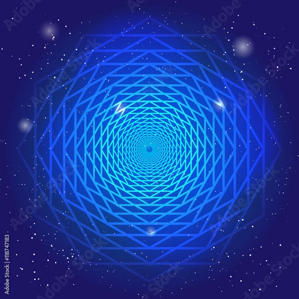 Fototapeta Sacral symbol in the space, on deep blue sky with stars. Spiritual design. The passage of time in universe.