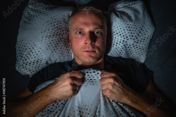 Obraz Mann liegt wach und mit ängstlichem Gesicht nachts im Bett