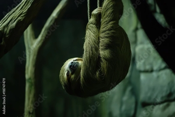 Fototapeta A serene scene of a sloth hanging upside down from a tree branch, peacefully napping.