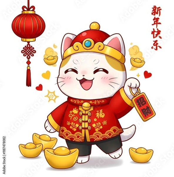 Obraz Happy chinese new year theme illustration background wallpaper greetings gold ingots lantern maneki-neko lucky fortune propserity cat 招财猫	
