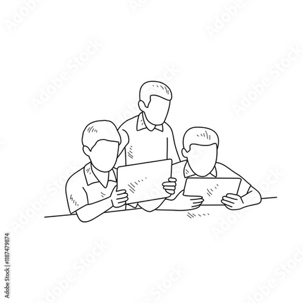 Obraz Simple sketch drawing of the students studying with device technology in a class at school. Education themes in simple sketch concept design vector and good for presentation education purpose.