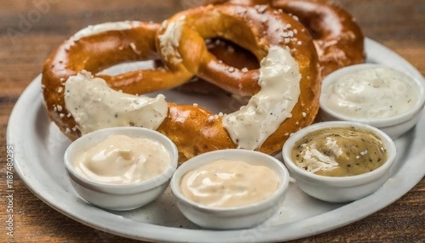 Fototapeta Bavarian Pretzel with an Array of Gourmet Dips