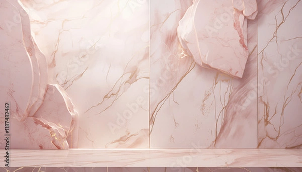Fototapeta Pink and white product mock up scene, soft rose marble backdrop with a gold veins