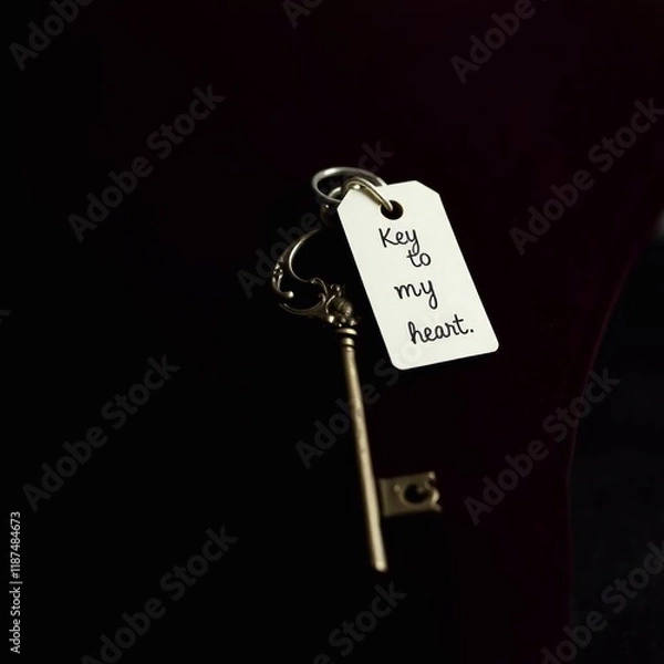 Obraz A romantic close-up of a vintage key on a velvet pillow, a tiny 'Key to my heart' tag attached. 