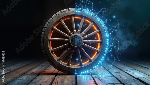 Fototapeta Aged wooden cartwheel transforms into high-tech illuminated digital wheel. Evolution from old to new design. Image represents progress, innovation. Tech wheel glows with bright blue light. History,