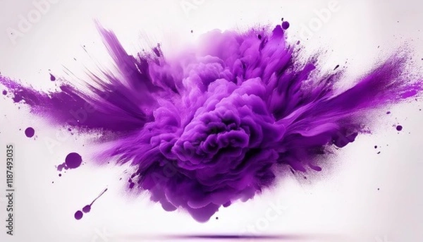 Fototapeta Vibrant Purple Paint Explosion Abstract Art Colored Clouds Over White Backdrop Creating a Striking and Whimsical Scene