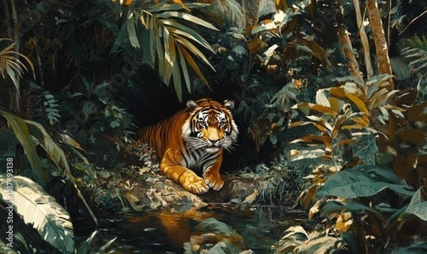 Fototapeta Dense foliage, leaves rustling, sound of running water, tiger crouching low to the ground, ambush, dense, vegetation