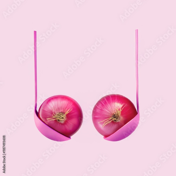 Obraz Two red onions in pink ladles resembling bra and boobs, isolated pastel pink background. Creative food concept. Body positivity. Humorous and symbolic design. Minimal front view.