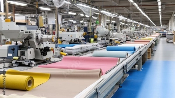 Obraz Laser cutters operate on fabric rolls in a spacious industrial setting with natural light