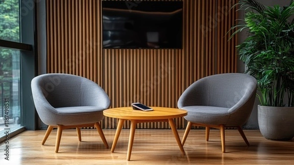 Fototapeta A stylish wooden office waiting room with comfortable chairs, a mounted TV, and a mobile phone on a polished wood table.