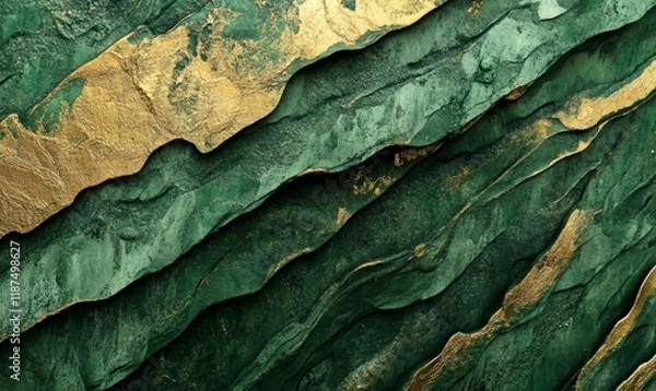 Fototapeta Green and gold textured paint with layered colors, emotional intensity, textured colors, evocative