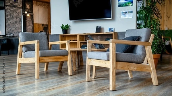 Fototapeta Elegant wooden waiting room with armchairs, a large TV for guest entertainment, and a mobile phone placed on the cushion.