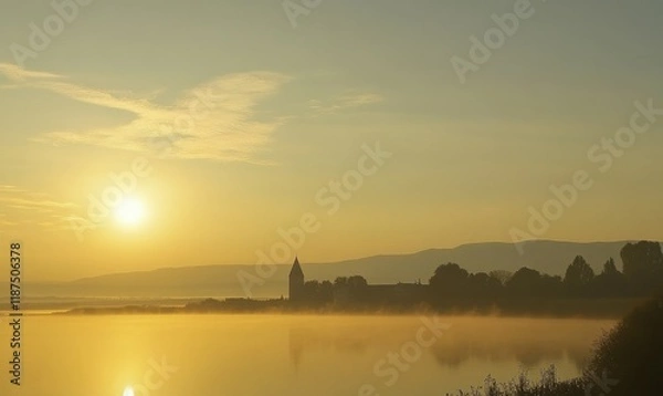 Fototapeta misty atmosphere over lake Neusiedl at sunset, sky, Neusiedl