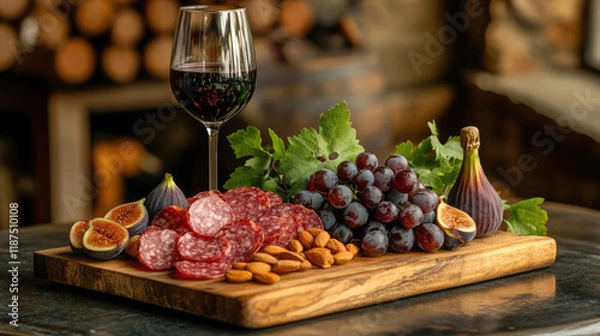 Fototapeta A rustic charcuterie board with fresh grapes, figs, and almonds, served next to a glass of wine for an elegant evening snack