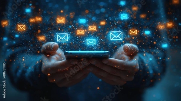 Fototapeta A person holds a smartphone with glowing email icons. This symbolizes communication, messaging, and digital connectivity. It can be used for apps related to email, social media, or online messaging.