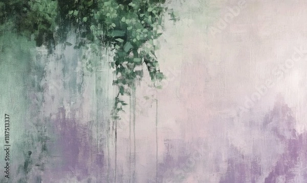 Fototapeta Muted greenery and soft purple hues blended with abstract textures to create a serene atmosphere, green, environment, organic