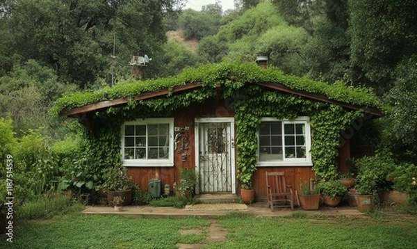 Obraz Overgrown Redwood Cabin with White Windows and Ivy, overgrown, rusty gates