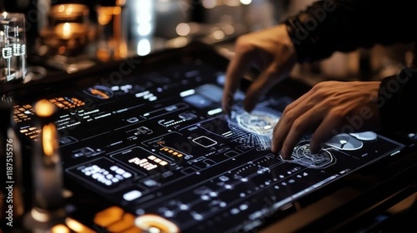 Obraz User interacting with a futuristic touchscreen interface.