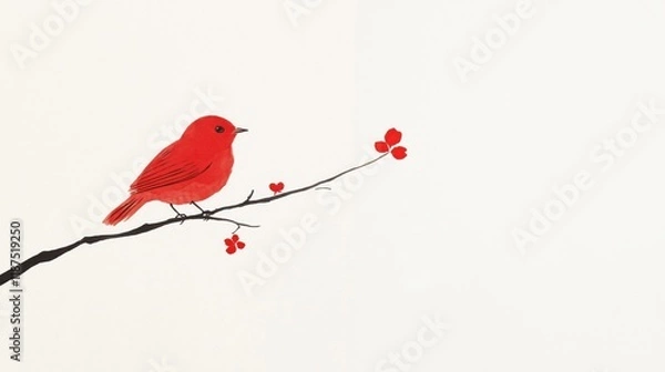 Fototapeta Vibrant red bird perched on branch - traditional chinese calligraphy art design for decor