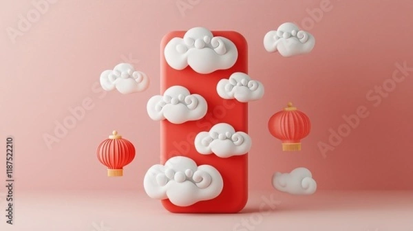 Fototapeta Chinese new year social media mockup with red lantern and cloud motif