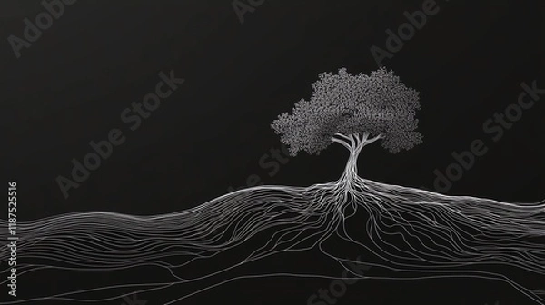 Fototapeta Minimalist line art of a tree with intricate roots extending underground and abstract foliage design