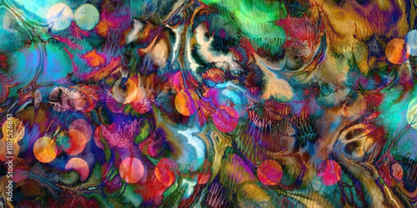 Fototapeta layered blend of bokeh, marbling and dendritic paint patterns