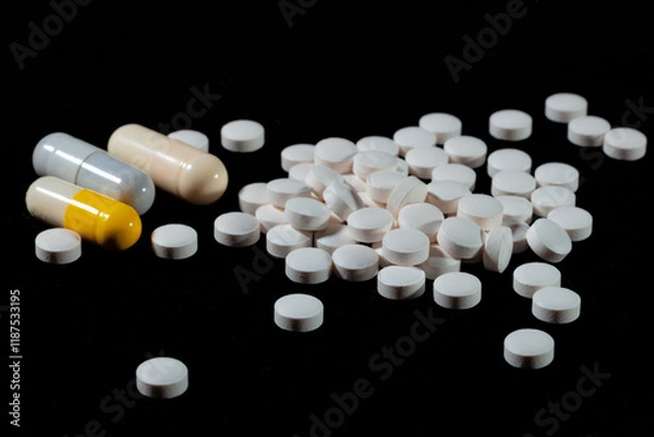 Obraz White round tablets are scattered on a black background.