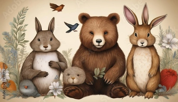 Fototapeta Whimsical Encounter Vintage Bear, Rabbit, and Bird Characters Amidst a FoliageRich Woodland Scene, Evoking a Charming and Nostalgic Mood.