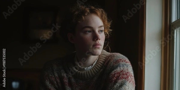Fototapeta A serene portrait of a young woman with curly hair, sitting by a window, lost in thought, capturing a moment of introspection and calm reflection.