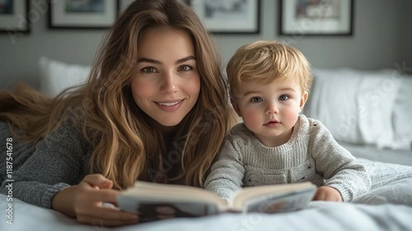 Fototapeta Happy mother and toddler son lying on bed, reading a book together.