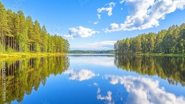 Fototapeta A serene forest lake surrounded by dense woods and calm reflections.