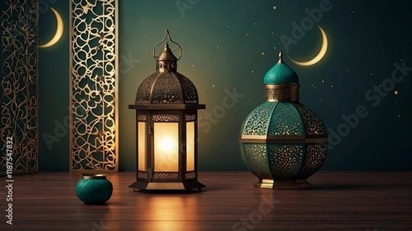 Obraz Ramadan Kareem greeting. Islamic lantern on night sky with moon and stars. Breaking of holy fast day. Muslim holiday.
