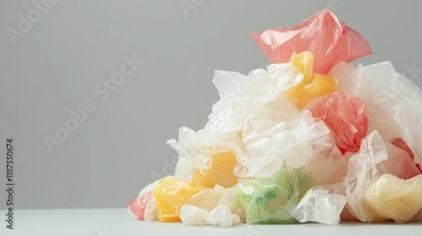 Fototapeta Colorful pile of used plastic packaging materials for recycling and environmental awareness