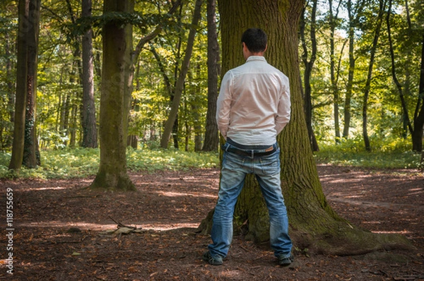 Fototapeta Standing man peeing near big tree in autumn forest