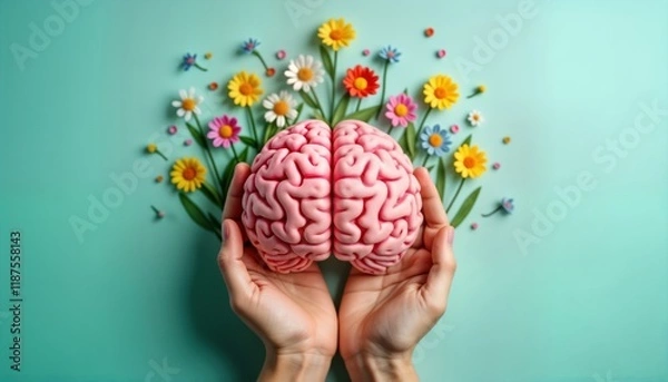 Fototapeta Human hands carefully hold model brain surrounded by colorful flowers. Gentle care, well-being concepts presented. Creative mind, positive thinking image emphasizes mental health, self-care. Suggests