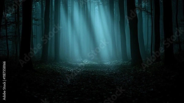 Fototapeta Enchanted Forest at Night: Blue Light Beams Illuminate Mysterious Woods