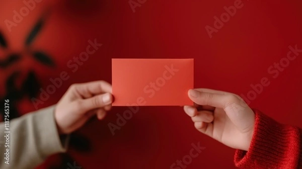 Fototapeta Hands exchanging red card against bold red background: communication and connection in modern visuals