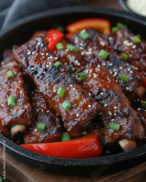 Obraz Korean BBQ Beef Short Ribs with Grilled Onions and Bell Peppers on a Sizzling Skillet