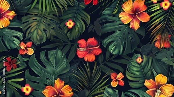 Fototapeta A vibrant tropical pattern with large, stylized hibiscus flowers in shades of red, orange and yellow, and lush green leaves against a dark background.