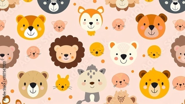 Fototapeta A cheerful and colorful pattern featuring cartoon animal faces, including a bear, panda, raccoon, tiger, and fox.