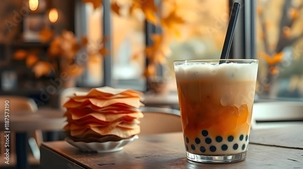 Fototapeta Layered papier-mâché material, warm autumn colors, a refreshing cup of bubble tea with tapioca pearls in a cozy cafe, earthy and cozy, sculpted textured layers, visible material texture 