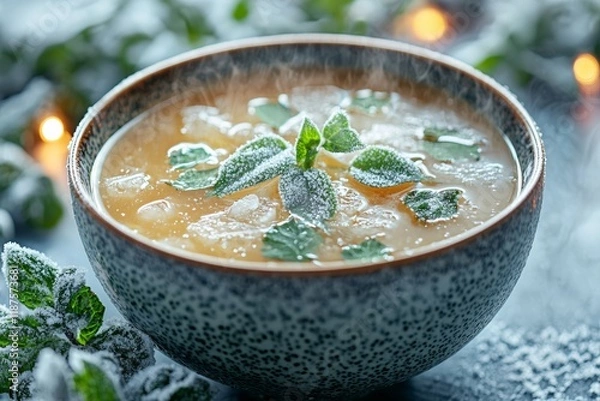 Fototapeta Chilled Winter Comfort: A Frosty Bowl of Soup with Icy Garnish, Perfect for the Season