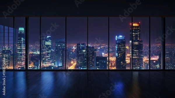 Fototapeta Night cityscape view from large window in modern building.
